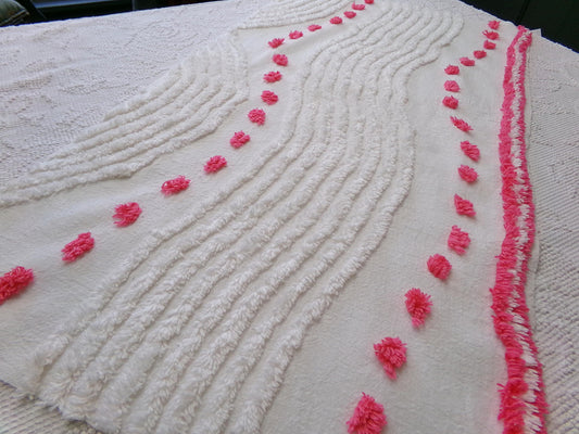 zany white & hot pink vintage chenille fabric: interesting piece of sewing material, 15" x 28" lightweight cotton blend piece