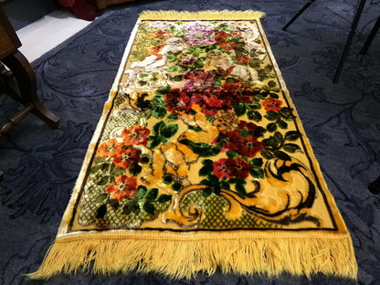 Vintage Cut Velvet Shadowy Cherub Floral Tapestry Panel Fringed Angel Wall Hanging or Rug 26"x46"