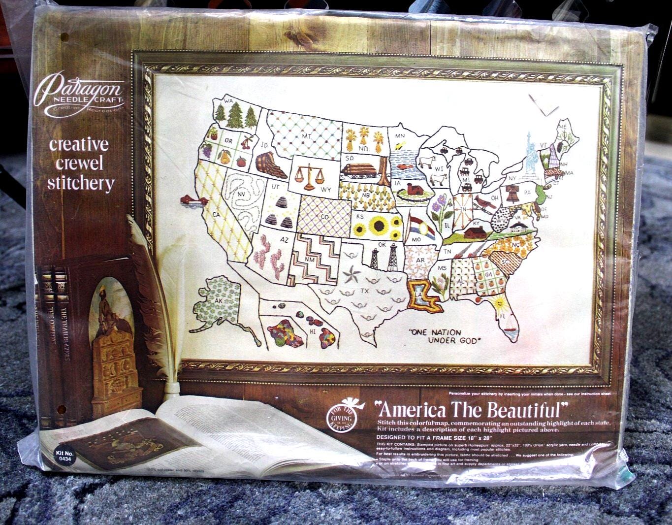 AMERICA the BEAUTIFUL Vintage Crewel Embroidery Kit USA Map Paragon Stitchery 0434