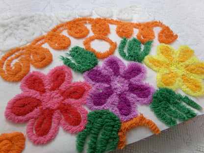 orange & white vintage chenille bedspread fabric, abstract swirl floral design, 25" x 23"