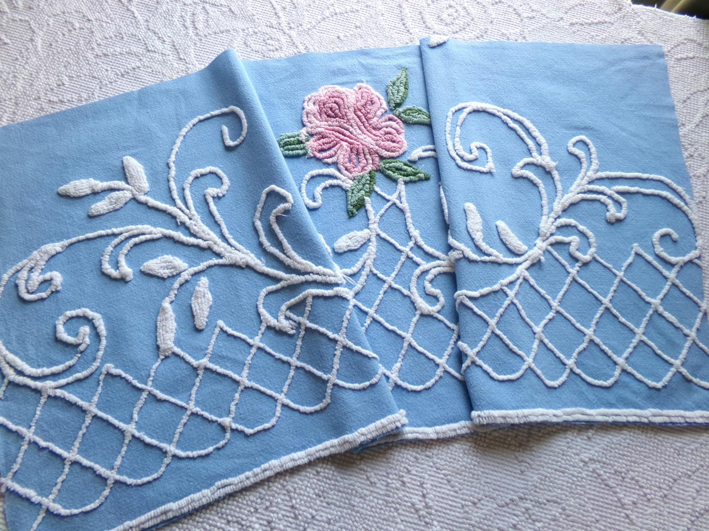 shabby cottage rose vintage chenille fabric, blue white floral sewing material, 15" x 30" piece
