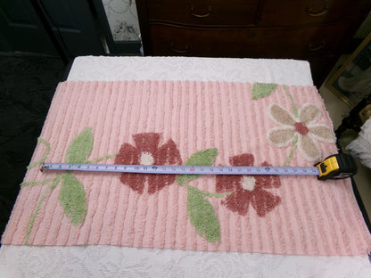pink vintage chenille bedspread fabric, rambling floral vine sewing craft material 19" x 36"