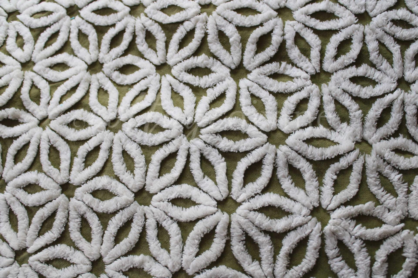 Vintage Green Chenille Fabric Boho Daisy Floral Craft Quilting Sewing Material, 18" x 24"