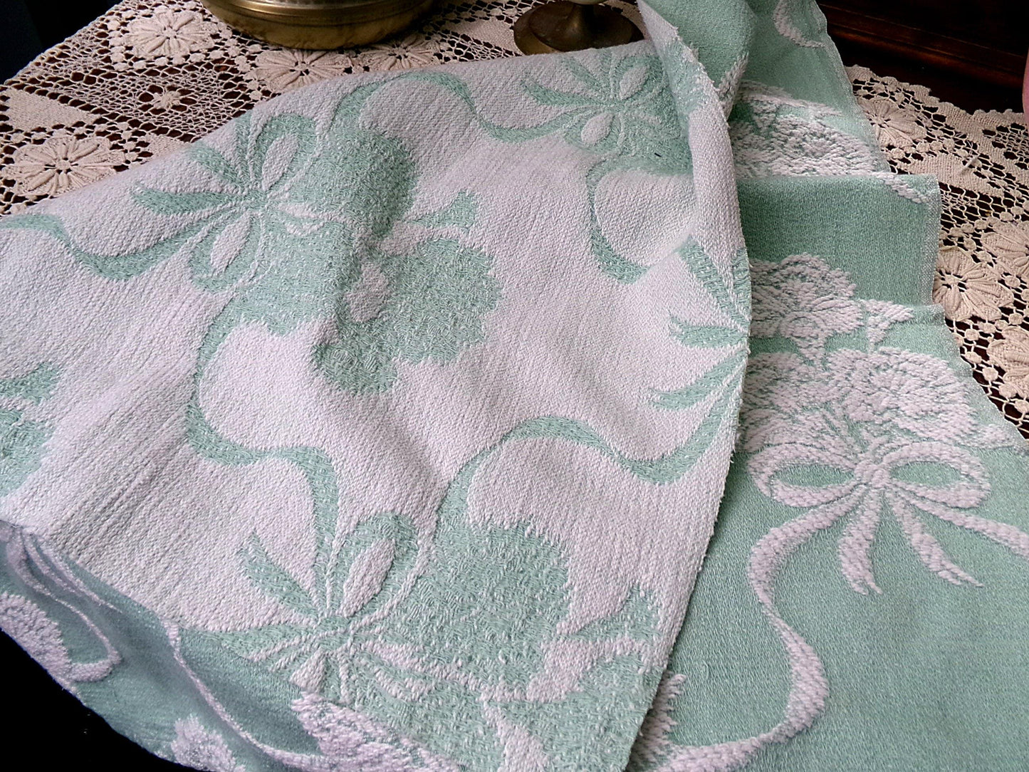 Shabby Woven Vintage Fabric Piece | Creamy White Carnation Flowers on Mint Green, 20" x 24"