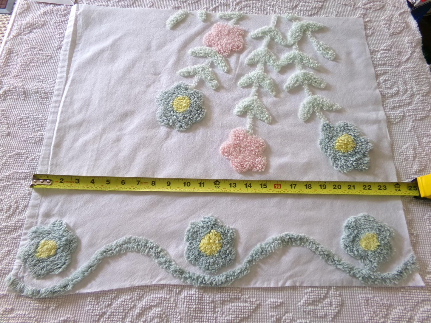 pastel floral tufted fabric, cut from a vintage style chenille bedspread, 20" x 23" piece
