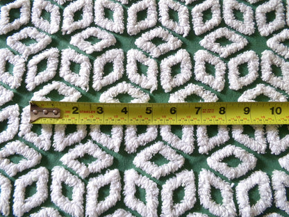 white snowflakes on rich green vintage chenille fabric, 18" x 25" inch piece of cotton sewing material for quilting & crafts