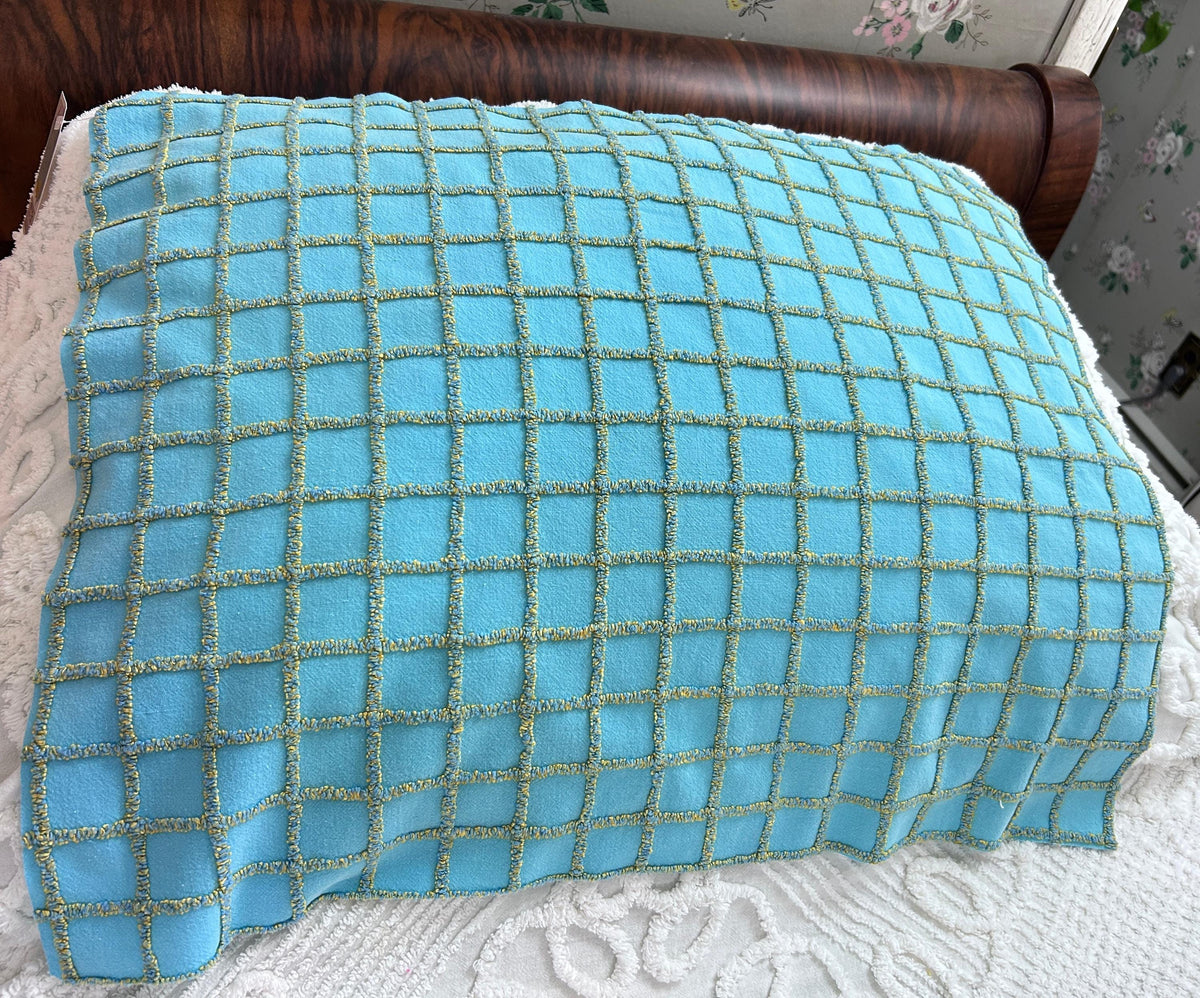 Sporty Squares Vintage Chenille Bedspread Fabric, Aqua Gold Windowpane Grid 19x23"