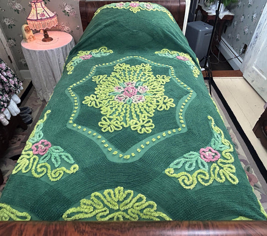 Forest Green Vintage Chenille Bedspread, Intense Colors, Floral Scroll Medallions, Full Sz