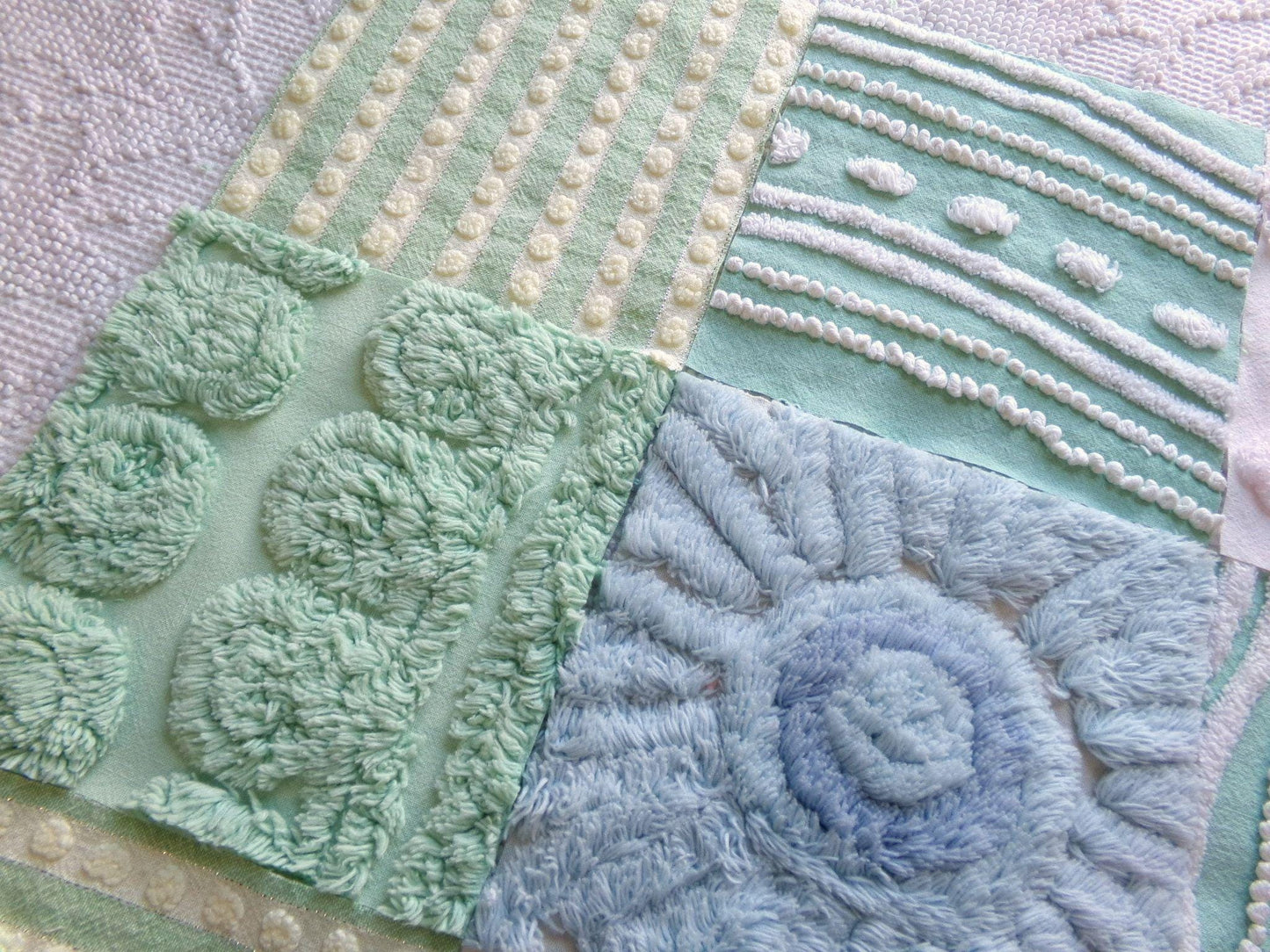 vintage 6" chenille fabric squares, garden path greens, set of 16 lovely craft blocks rotary cut from vintage chenille bedspreads