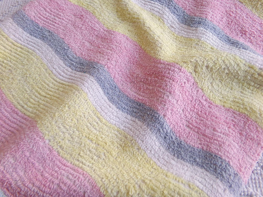 soft cozy striped chenille fabric, vintage 20" x 24" piece of lightweight sewing material in pink, yellow, white & grey ripple stripes