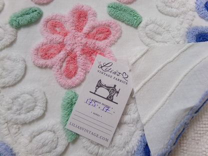 Sweetheart Floral Vintage Chenille Fabric, Pink & Blue Sewing Material 17.5" x 17" Piece