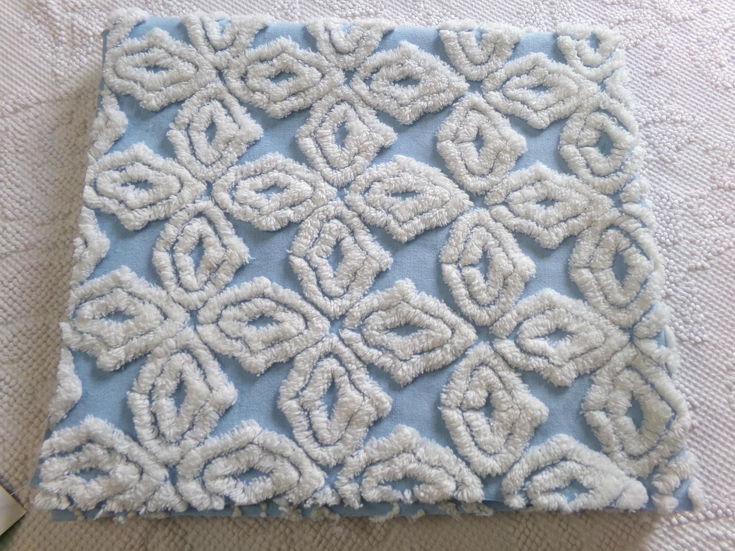 coastal crossing vintage chenille fabric w/ white gothic crosses on blue cotton, 20" x 24" piece