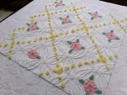 Pink Rose Vintage Chenille Bedspread Fabric, cottage chic sewing craft quilt material, 20" x 20" piece