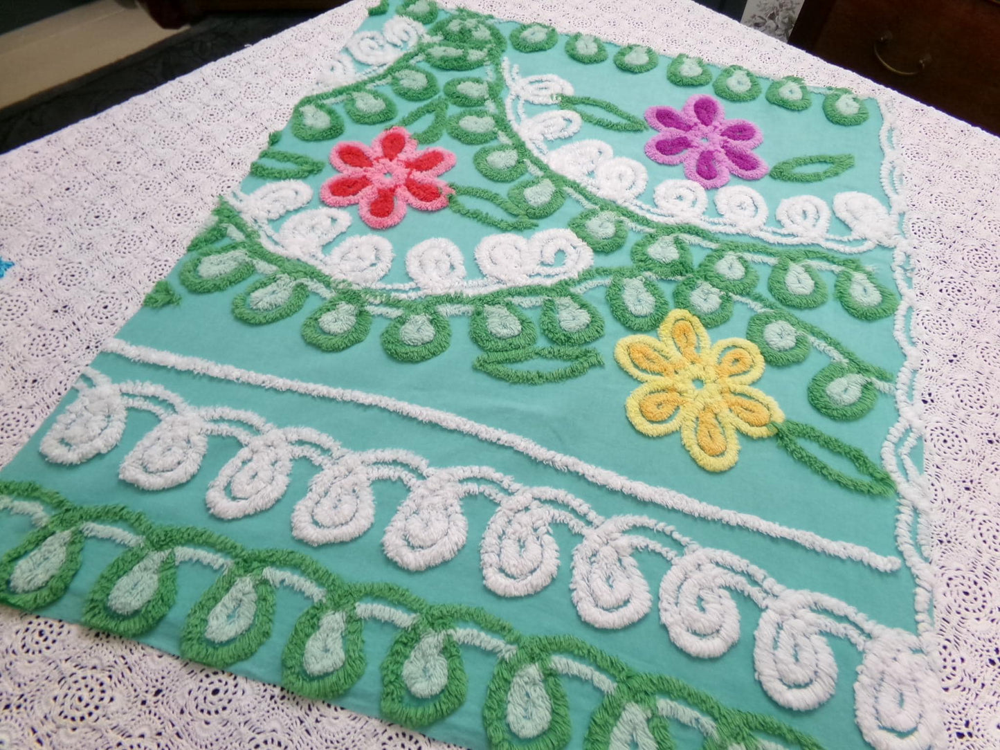 Vintage Green Chenille Fabric, Floral Swirl Design, 20x25" Piece