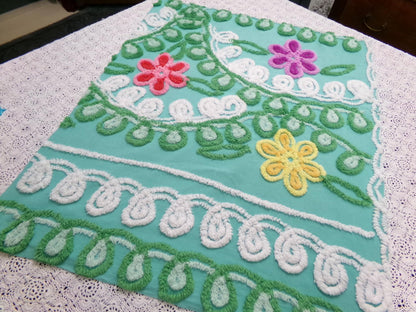 Vintage Green Chenille Fabric, Floral Swirl Design, 20x25" Piece