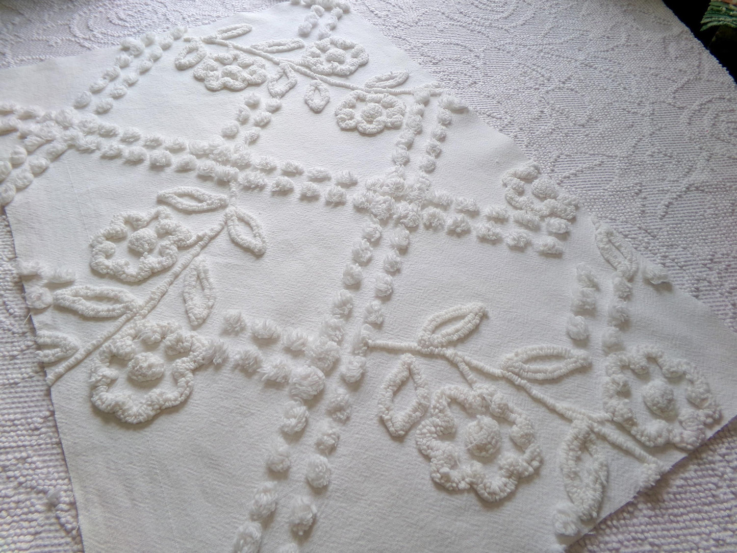 Elegant White Floral Chenille Fabric: Vintage Cottage Style 23" x 15" Cut Piece