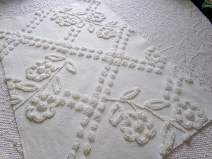 Elegant White Floral Chenille Fabric: Vintage Cottage Style 23" x 15" Cut Piece