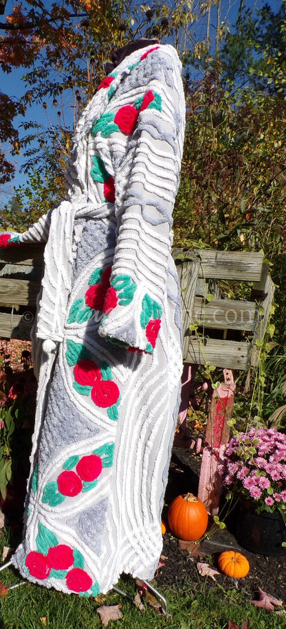 Plus Size Chenille Robe "Lovey Dovey" Red Roses Dove Grey Bathrobe Upcycled from WWII Era Vintage Chenille Bedspread, 1X, 2X Large