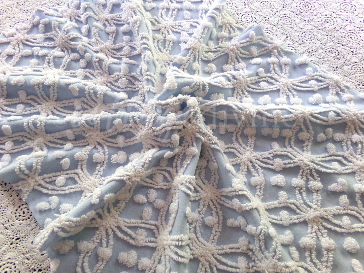 Popular Coastal Blue Vintage Chenille Fabric: White Wedding Ring Pop Design, 24" x 18" Piece, Great in Pillows & Chenille Quilts