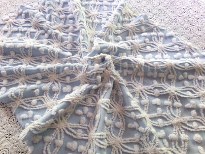 Popular Coastal Blue Vintage Chenille Fabric: White Wedding Ring Pop Design, 24" x 18" Piece, Great in Pillows & Chenille Quilts