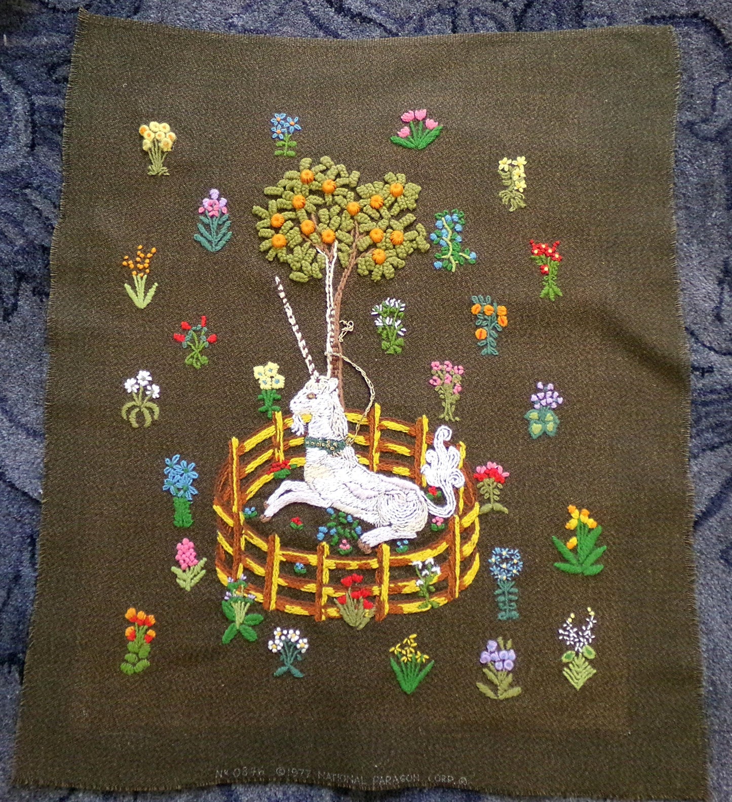 Unicorn in Captivity Vtg Crewel Embroidery, Finished Paragon 0846 Stitchery Medieval Old World Tapestry Style Adaptation