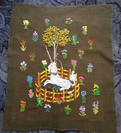 Unicorn in Captivity Vtg Crewel Embroidery, Finished Paragon 0846 Stitchery Medieval Old World Tapestry Style Adaptation