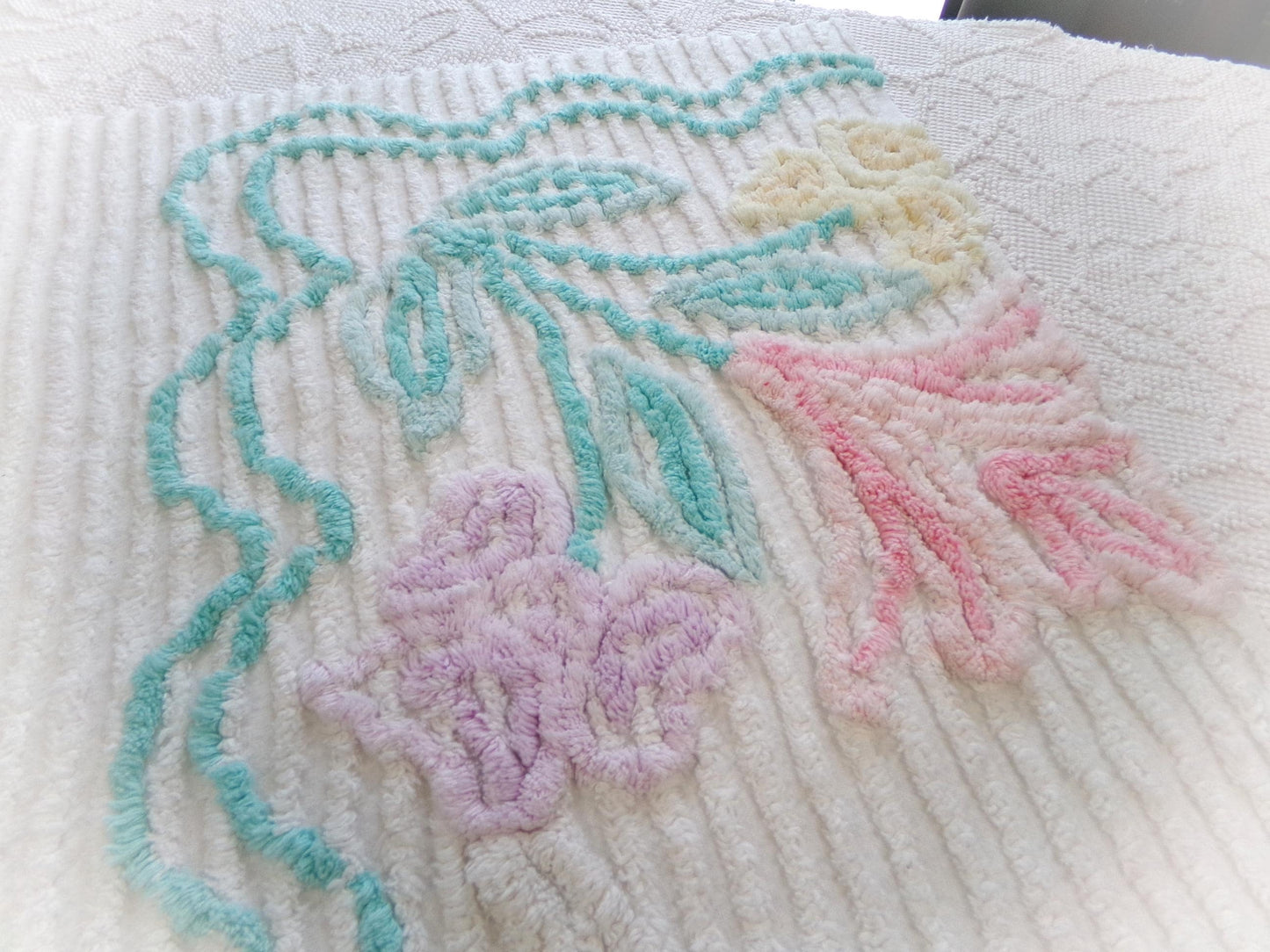 Pastel Floral Vintage Chenille Bedspread Fabric, Cottage Chic Design 18" x 24" piece sewing material
