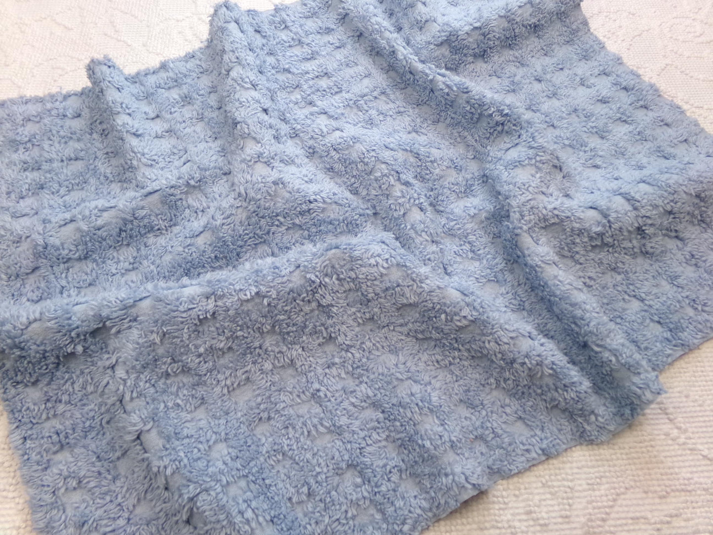 Blue Windowpane Vintage Chenille Fabric, tufted geometric square design, sewing craft quilt material, 18" x 25" piece