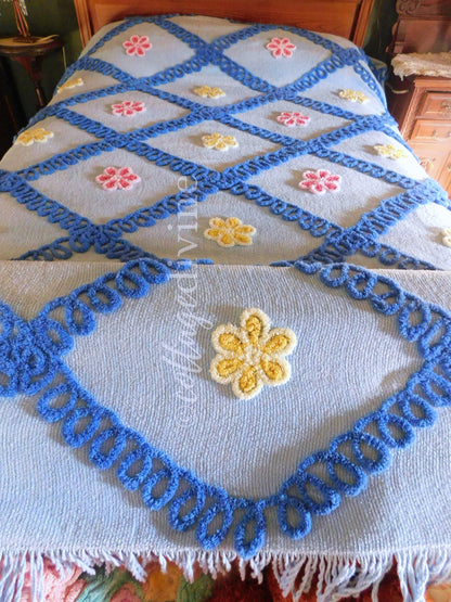 Rare Vintage Chenille Bedspread by IDEAL SPREAD Company, Canada Made Blue Wedding Cake Floral Design, Full Size