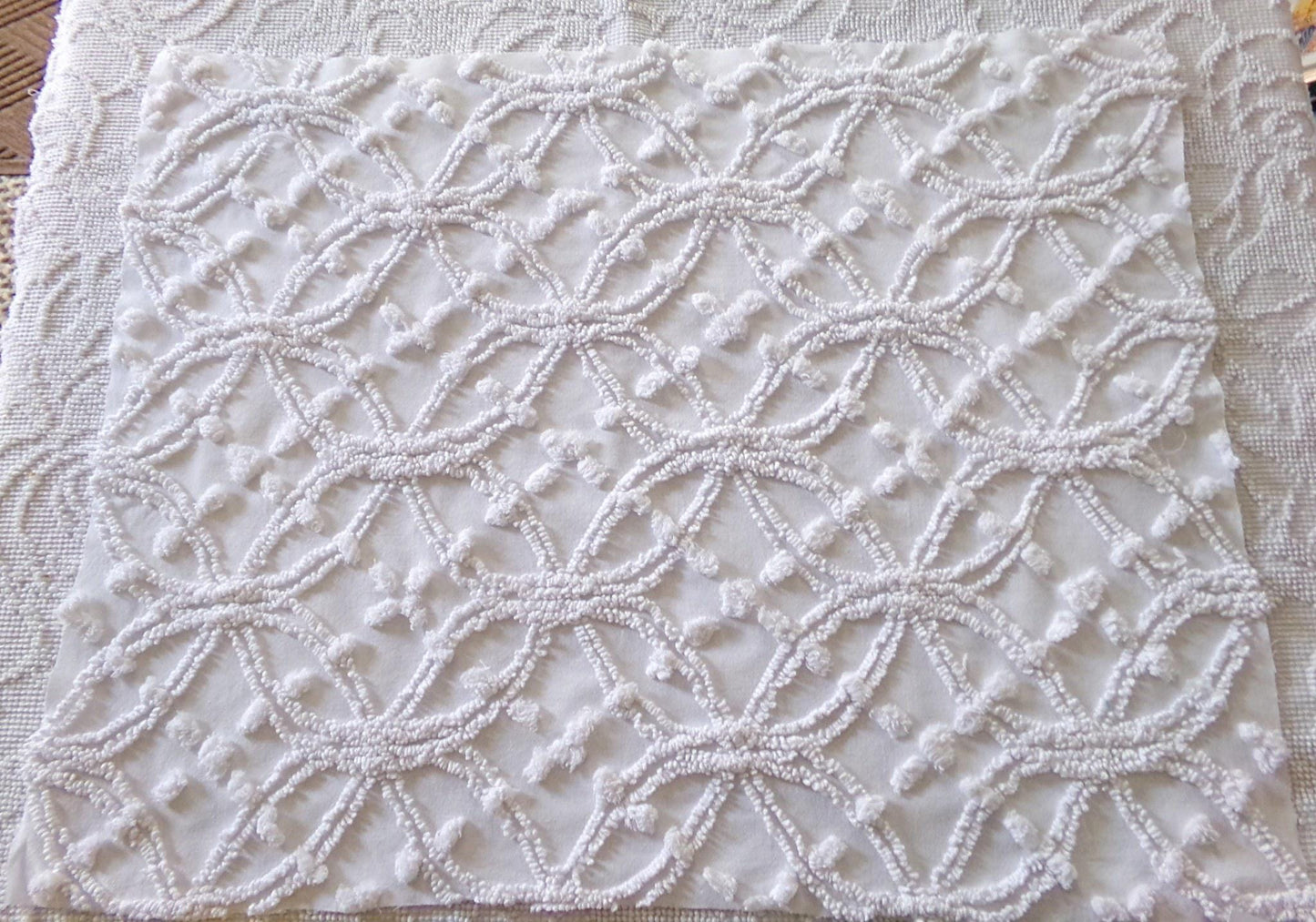 timeless white vintage chenille fabric, classic wedding ring & pop design, 18" x 24" piece of sewing, craft, quilt material