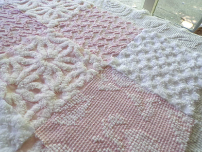 lovely pink & white vintage chenille fabric squares, set of 16 pretty 6" quilt blocks for sewing, crafts, patchwork pillows, quilting
