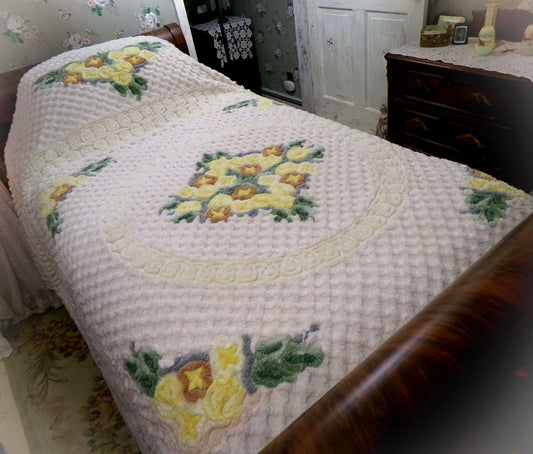 grandmother's garden vintage chenille bedspread, plush swirls & lattice tufting. antique cream rose floral full size luxury cotton bedding