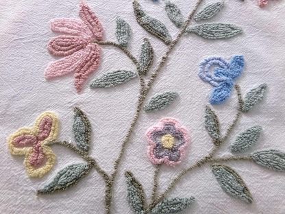 Woodland Meadow Vintage Chenille Bedspread Fabric, Floral Boho Sewing Material, 18" x 23" piece