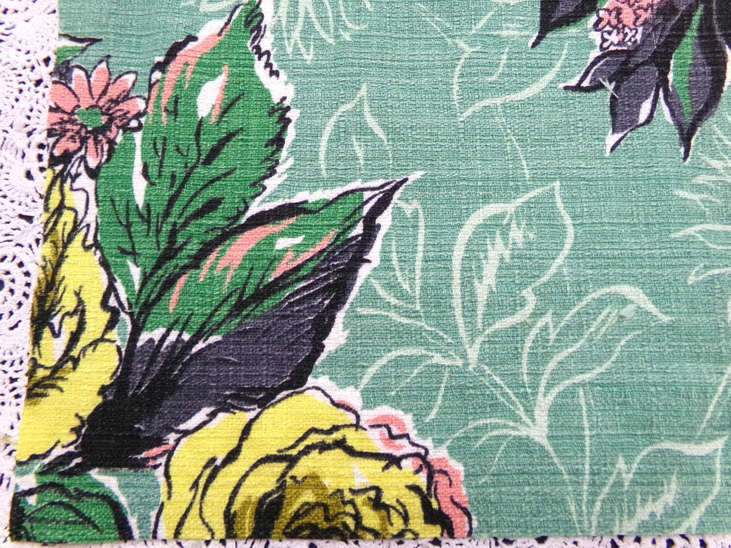 Vintage Green Floral Barkcloth Fabric Panel, Tonal Rose Shadow Leaf Design 21"x20.5"