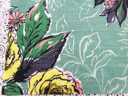 Vintage Green Floral Barkcloth Fabric Panel, Tonal Rose Shadow Leaf Design 21"x20.5"