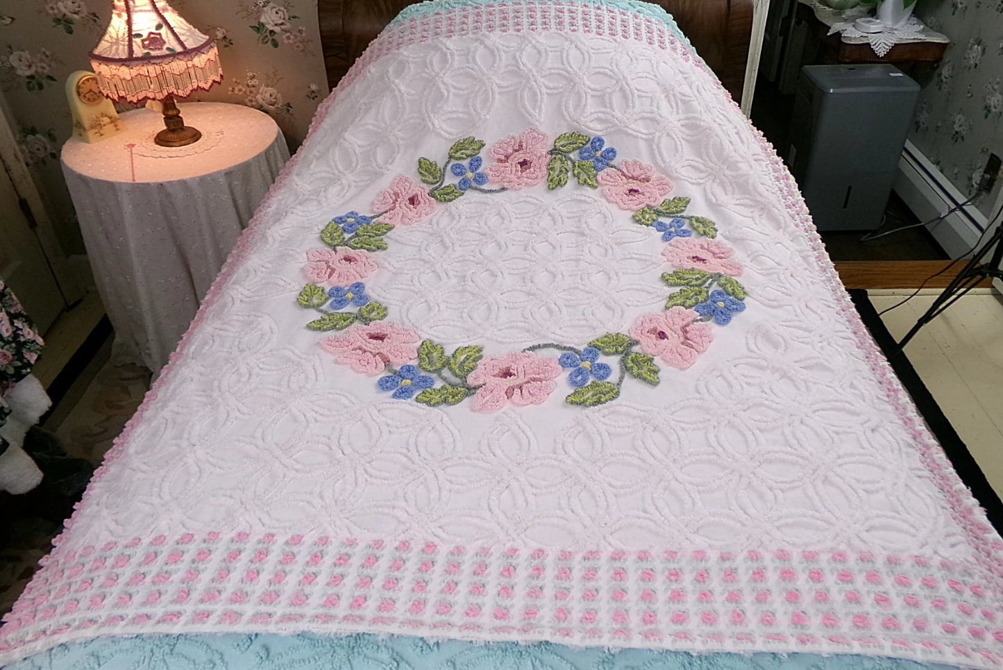 Vintage Floral Quilt Handmade from Shabby Chenille Bedspread Fabrics 52x45.5"