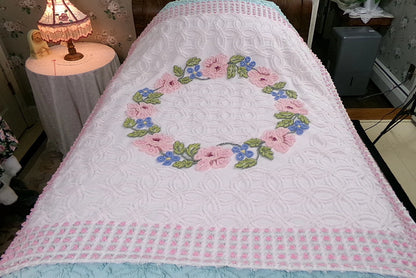Vintage Floral Quilt Handmade from Shabby Chenille Bedspread Fabrics 52x45.5"