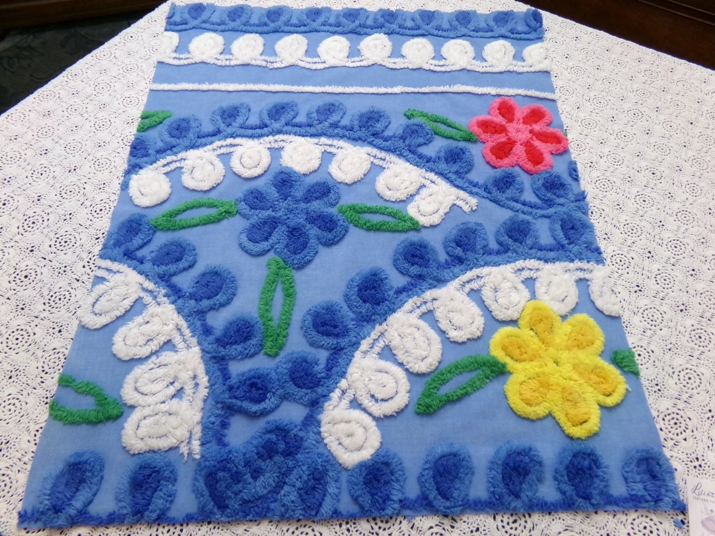 Colorful Blue Vtg Chenille Bedspread Fabric 19x24" Pc Floral Sewing Material