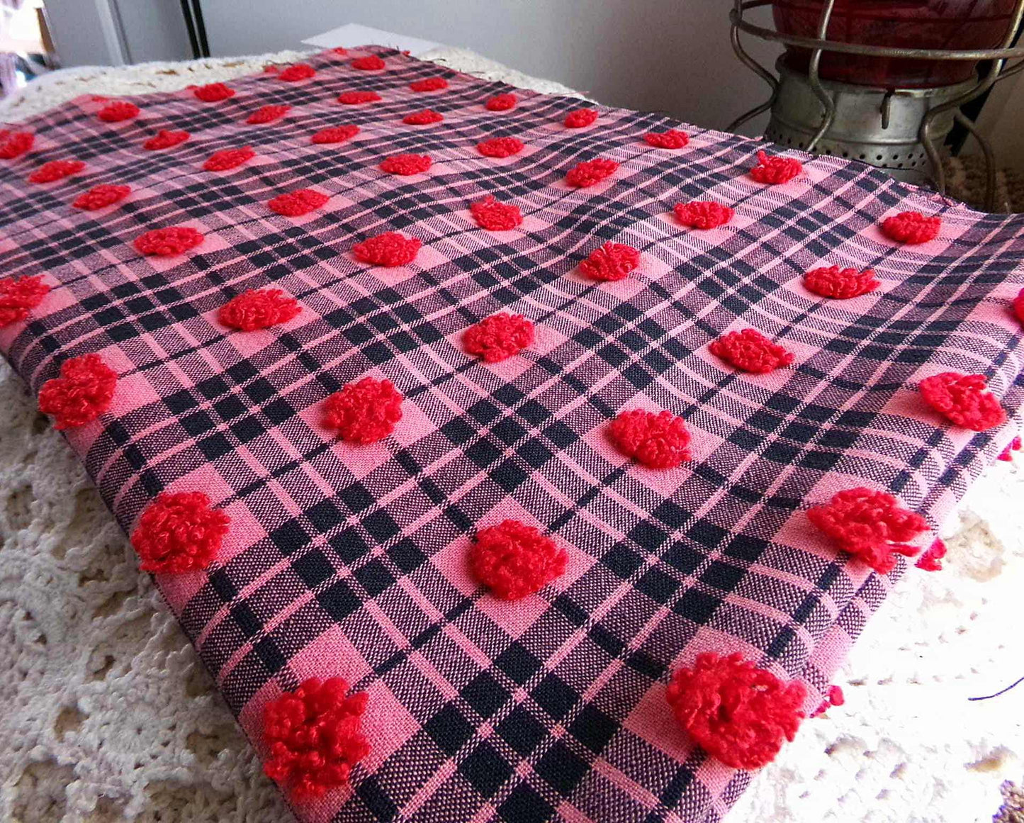 Black Tartan Plaid Vintage Chenille Bedspread Fabric, Texturized Red Dots, 19" x 26" inch Piece, Lightweight Sewing Material