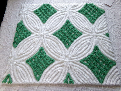 Vintage Chenille Bedspread Fabric, Preppy Kelly Green White Geometric, 20x23"