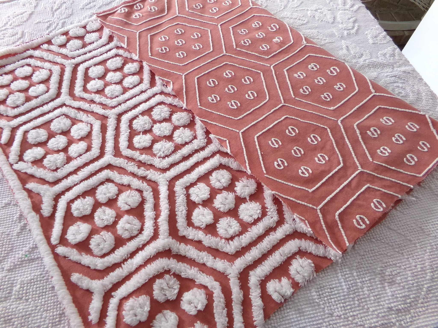 boho vintage chenille fabric, white tufted terracotta geometric design, 18" x 24" quilt material