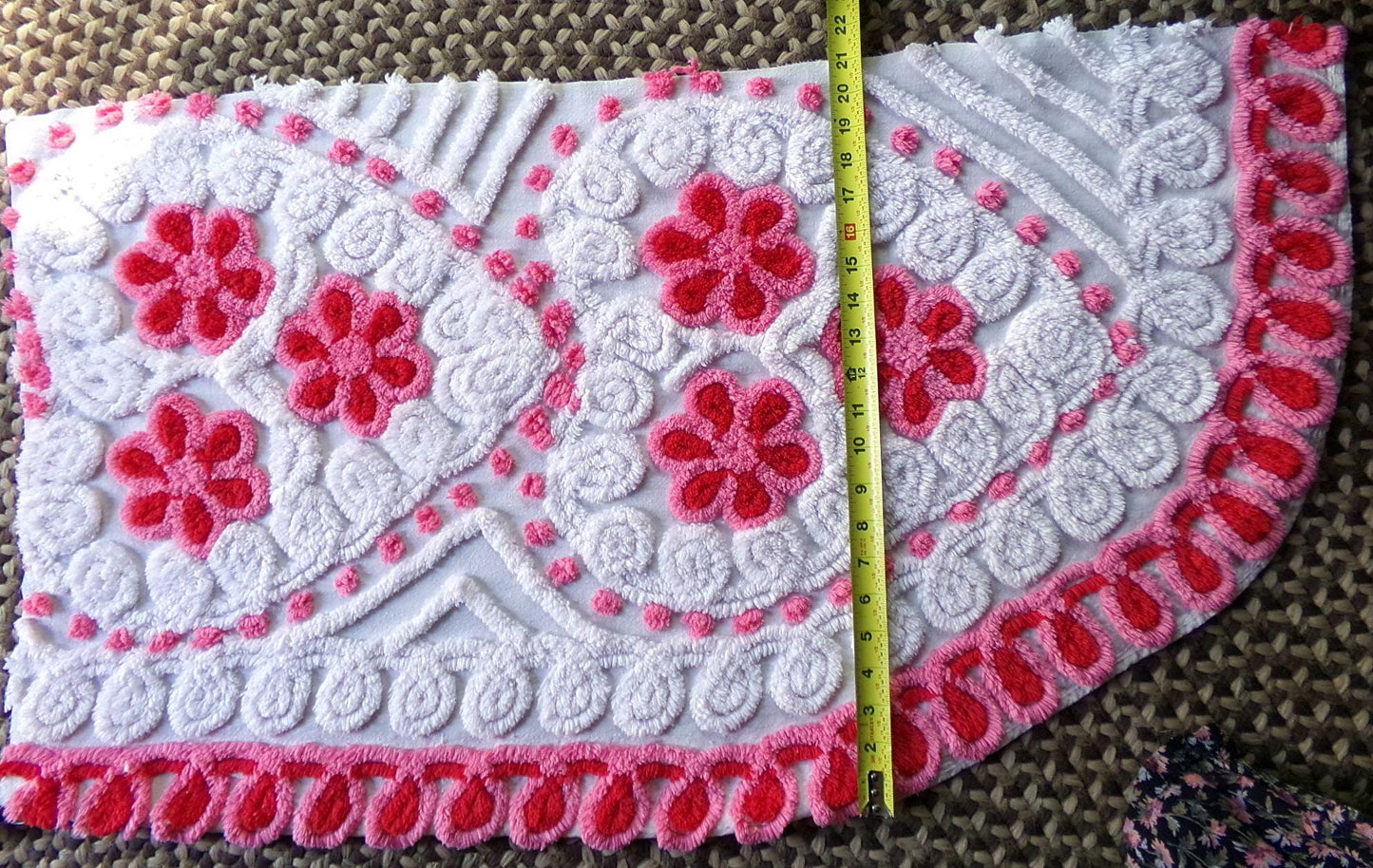 romantic hearts vintage chenille fabric, sweetest plush rose pink flowers, 21" x 26" inch rounded piece cotton sewing material for crafting