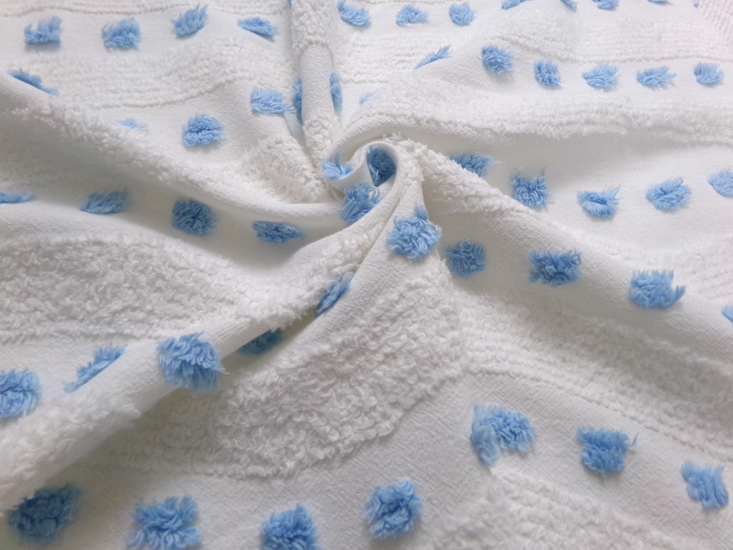 Vintage Chenille Fabric Piece, Shabby Lightweight Blue & White Wave Dots, 16" x 23"