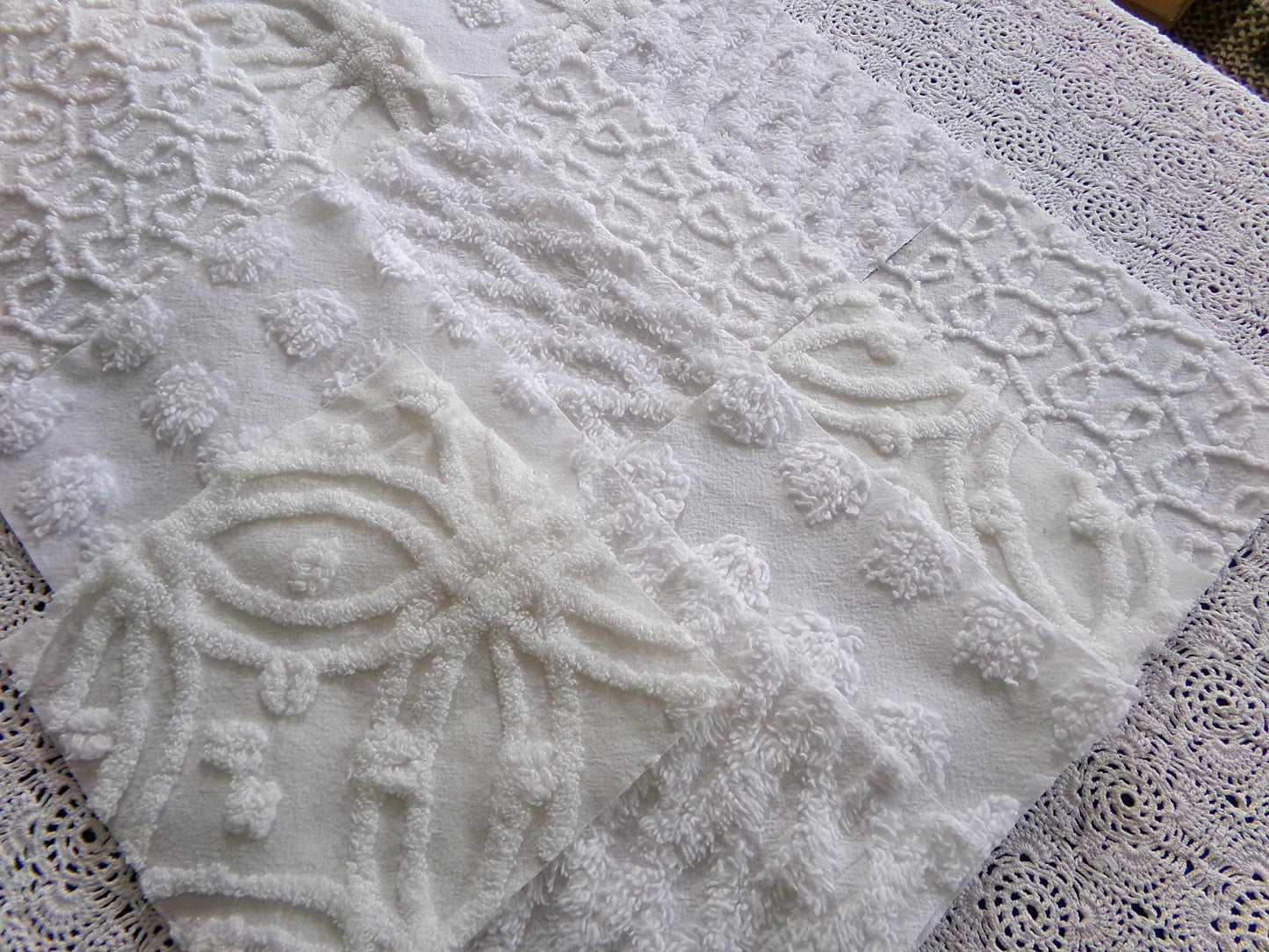 Weathered Whites Vintage Chenille Fabric Squares, 17 Blocks, 6" x 6" inch, Neutral Shades of Classic White