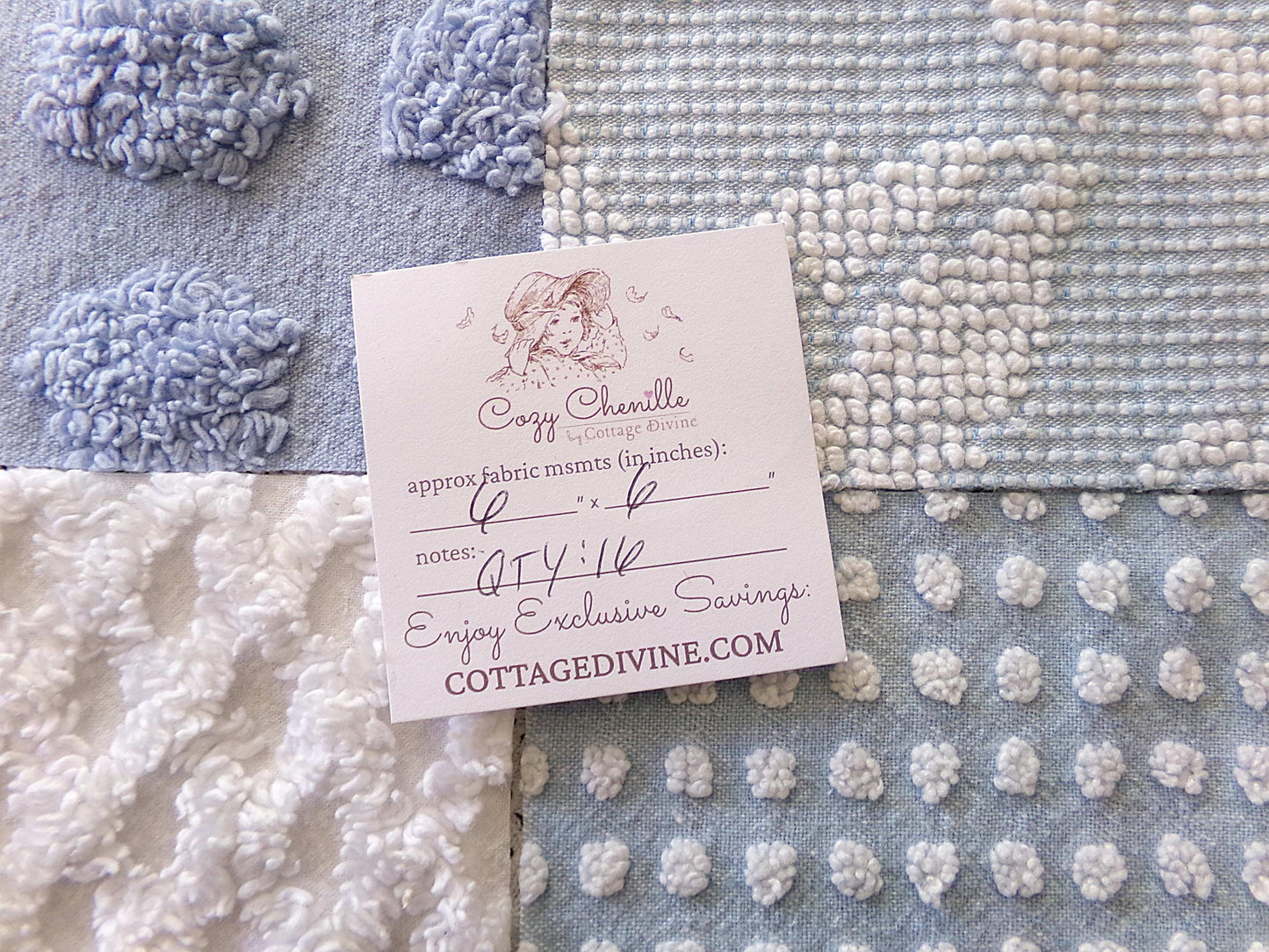 blue chenille fabric squares, set of 16 vintage 6" quilt blocks in coastal blues & white textures