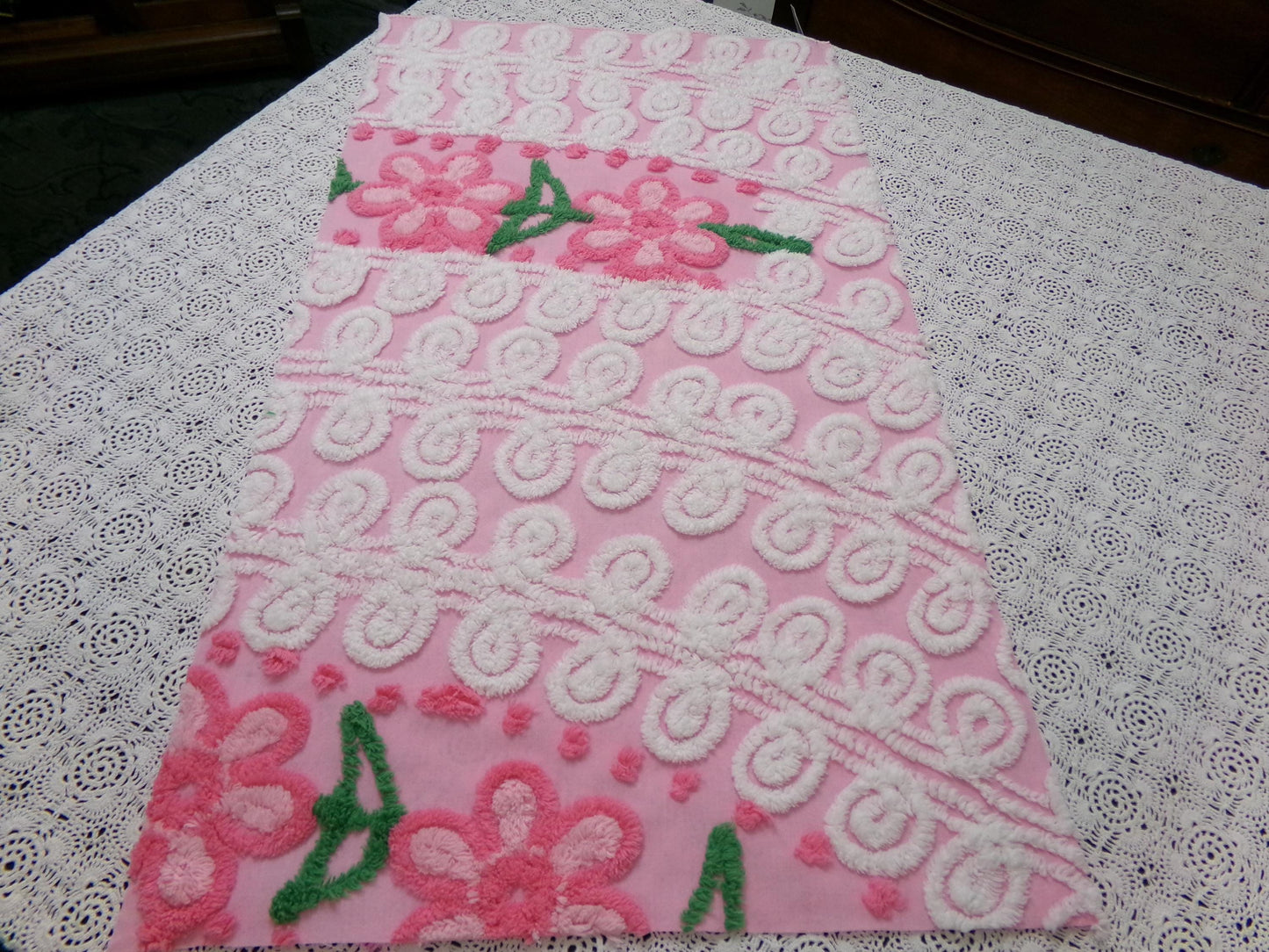Peeking Pink Flowers Vintage Chenille Bedspread Fabric, 15" x 26" piece