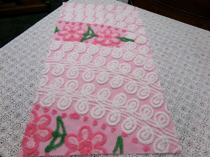 Peeking Pink Flowers Vintage Chenille Bedspread Fabric, 15" x 26" piece