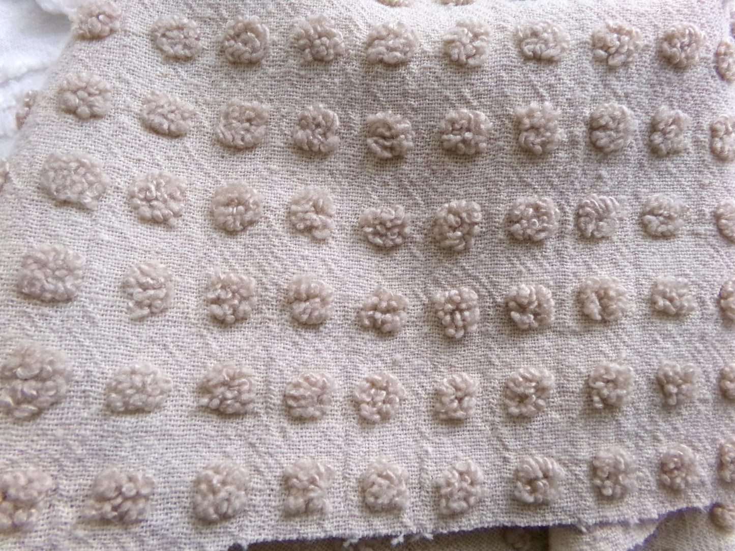 neutral mocha pops vintage chenille fabric, Morgan Jones little popcorn dots, 18" x 24" piece of lightweight sewing & quilting material