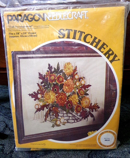 FALL ARRANGEMENT Vintage Crewel Embroidery Kit, Paragon 0810 Boho Floral Stitchery