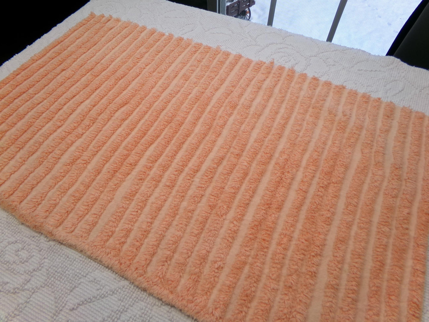 Peach Vintage Chenille Bedspread Fabric, Plush Tufted Lines, 16" x 28" piece